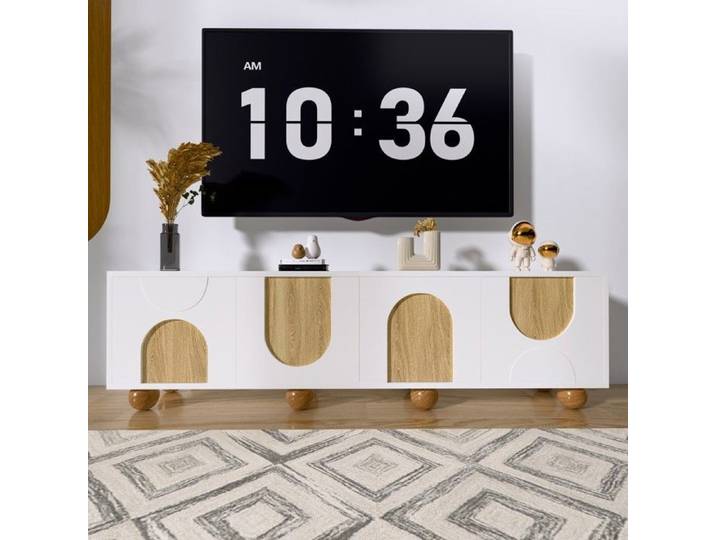 Meuble TV 4 portes bas design bois vieilli 175x38x50cm avec support et panneau TV Décoration salon