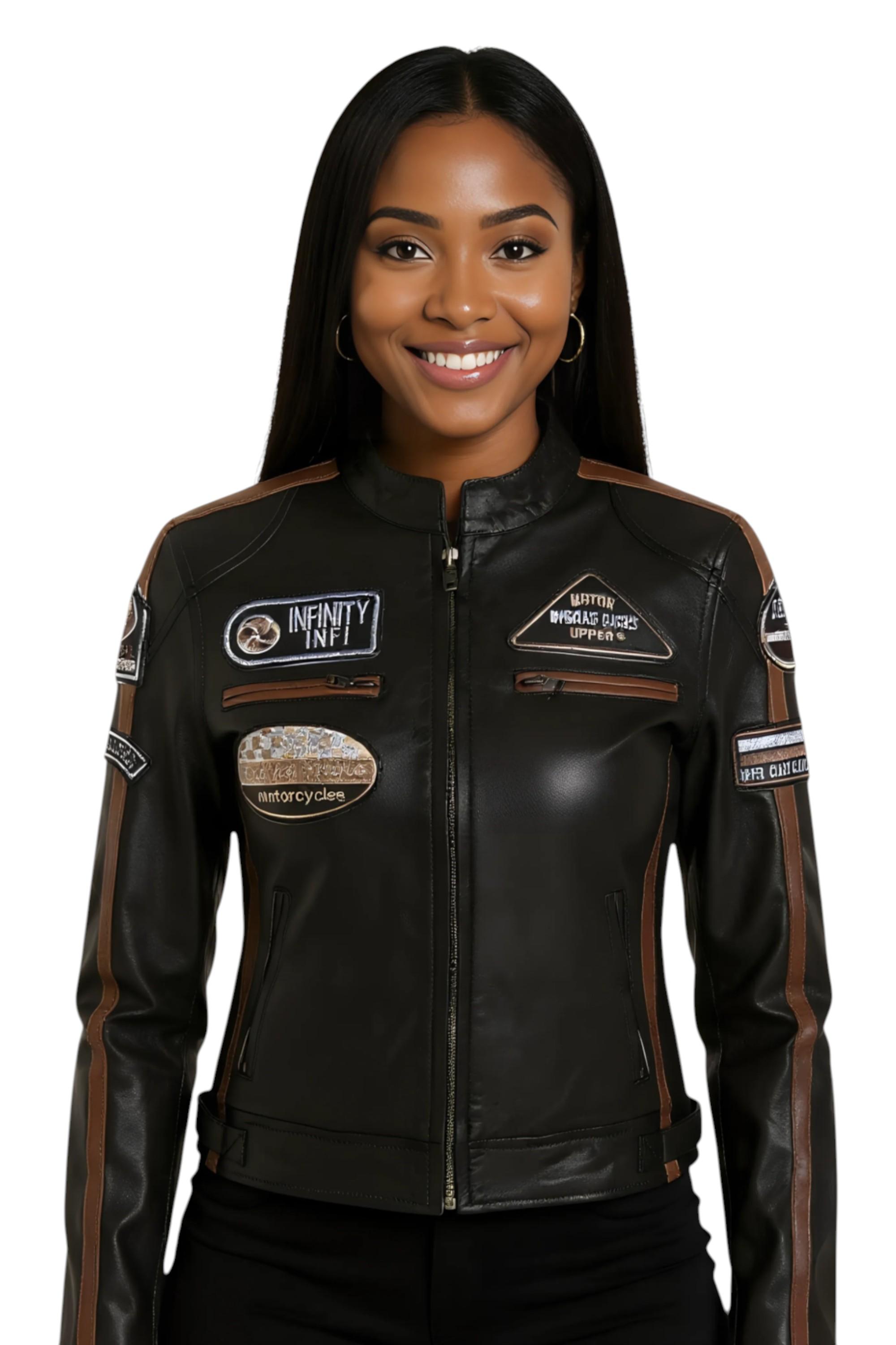 Infinity Leather Damen-Lederjacke im Bikerstil mit Rennabzeichen, Dalby - Schwarz