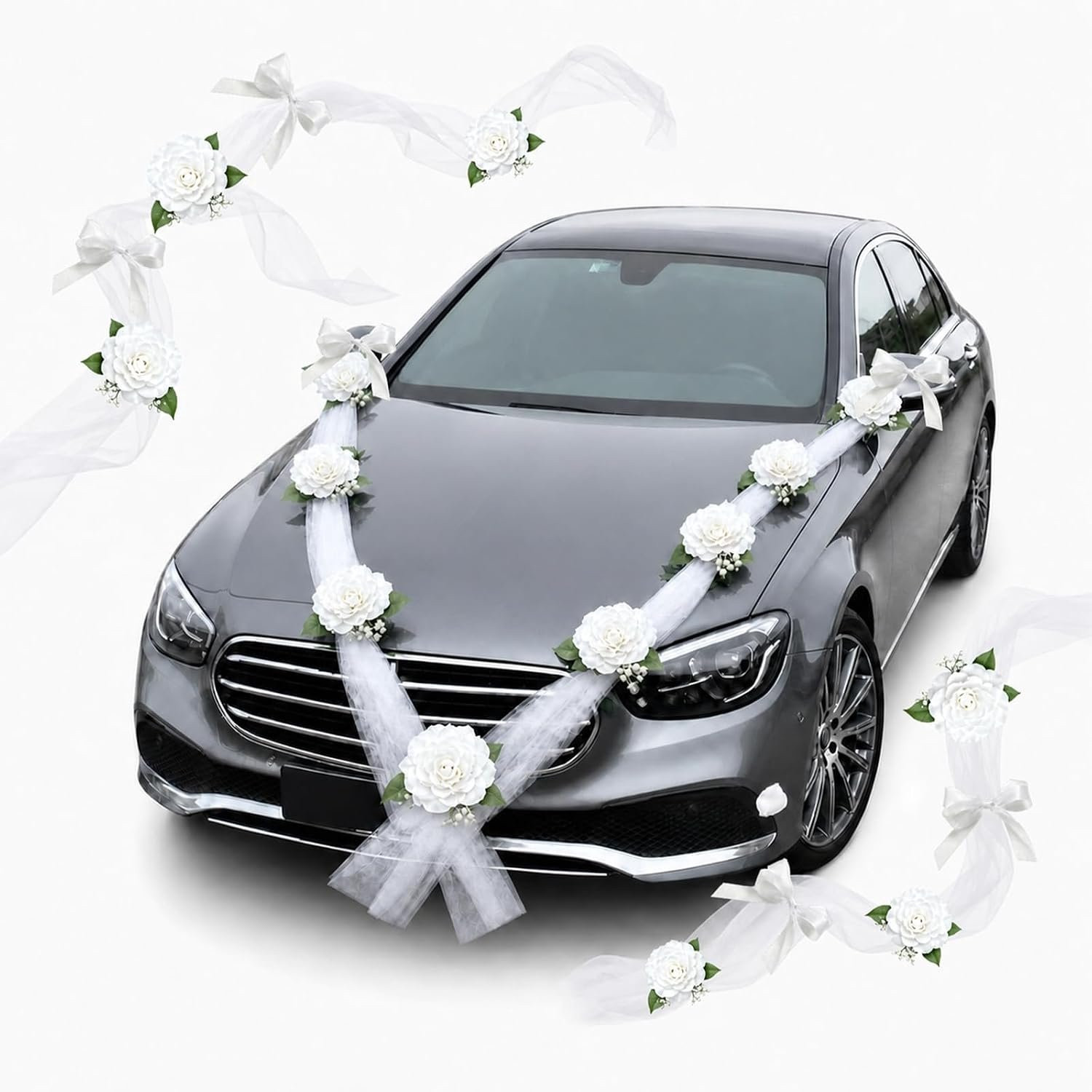Vemera Autodecoratieset met 27 stuks witte rozen en lint voor bruiloften