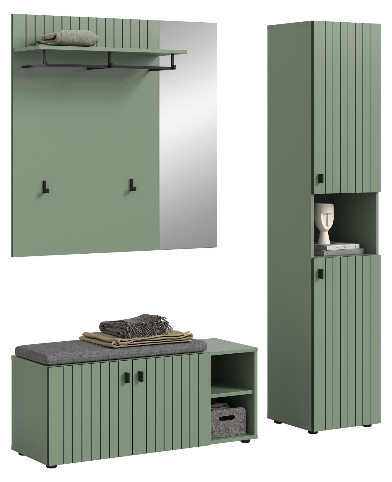 Station garderobe opstelling met kussen in stoffig groen