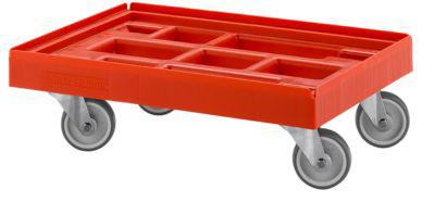 Schäfer Shop Pure Transportroller, Euronorm, bis 300 kg, mit Stapelrand, Lenkrollen, L 610 x B 410 mm, HDPE & TPU, feuerrot RAL 3000