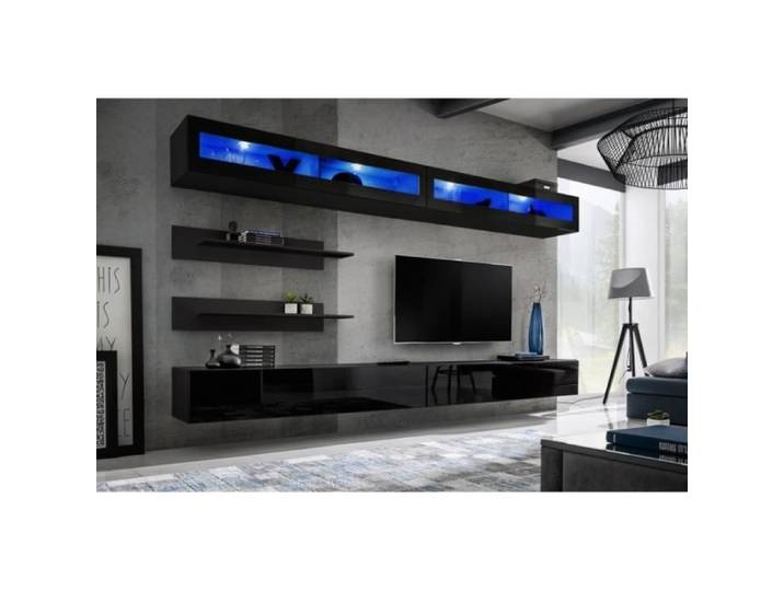 Ensemble mural - FLY I - 2 rangements LED - 2 meubles TV - 2 étagères - Noir - Modèle 1