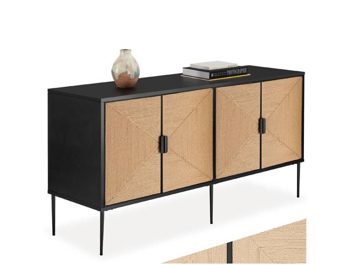 Buffet JUNA portes effet jute avec 2 compartiments de rangement - noir/marron