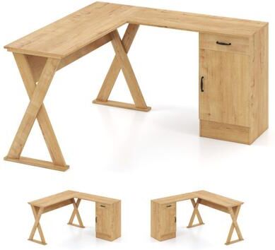 Costway L-Shaped Computer Desk with Reversible Drawer and Cabinet for Bedroom and Small Spaces Workstation-Oak