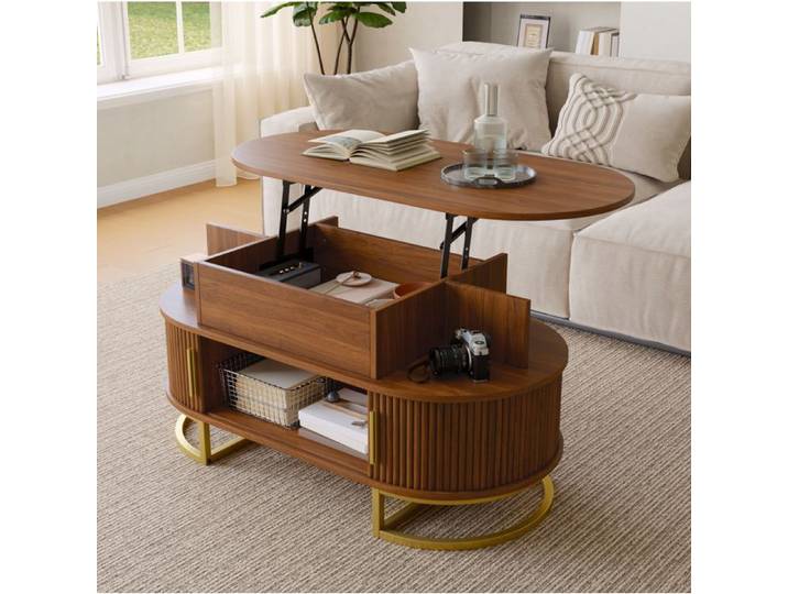 MEUBLIV Table basse ovale relevable 100 x 50 cm rangement portes coulissantes MDF noyer