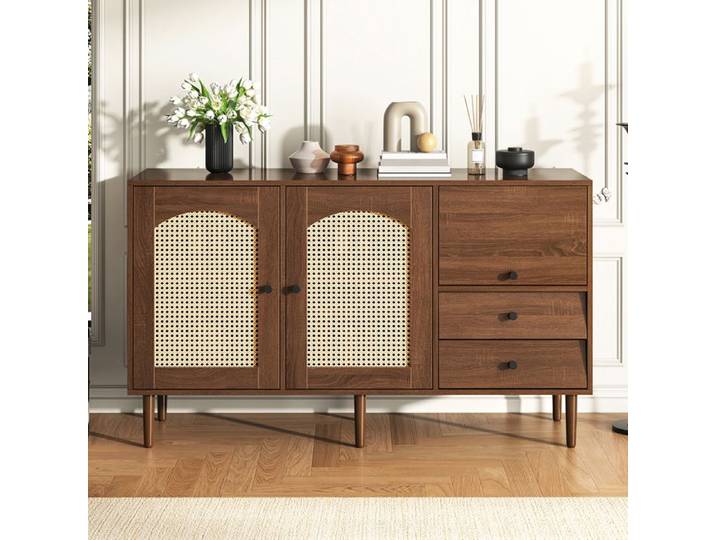 Buffet avec portes en rotin style campagnard Avec 2 tiroirs（130x755x40 cm）