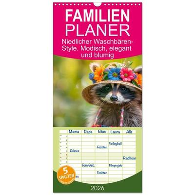 Familienplaner 2026 - Niedlicher Waschbären-Style. Modisch, elegant und blumig mit 5 Spalten (Wandkalender, 21 x 45 cm) CALVENDO