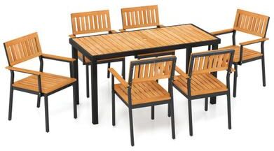 Costway 7-Piece Outdoor Dining Set for 6 with Acacia Table & Armchairs and Umbrella Hole