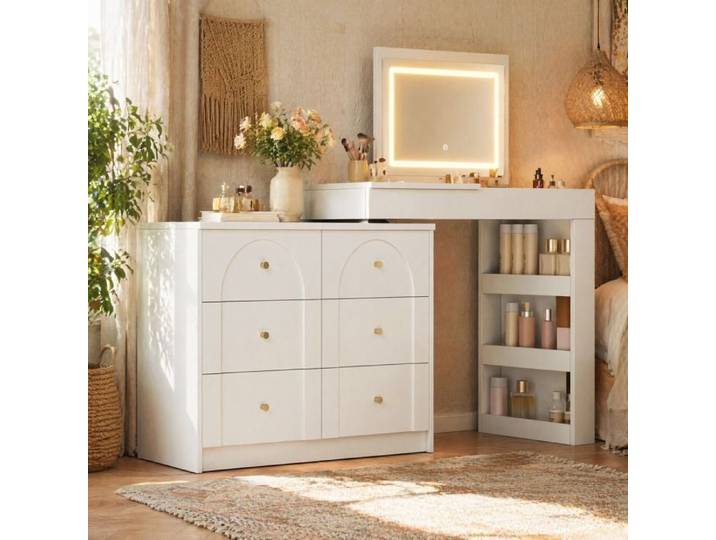 Coiffeuse - ZEVKOR - Coiffeuse Rotative - Miroir LED tricolore - 7 tiroirs - 105×40×80 cm