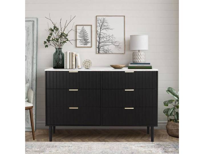 GOOBUY Commode 6 Tiroirs Plafond Couleur Marbré Meuble de Rangement 100 x 34 x 73cm Scandinave Noir (Plafond Marbré)
