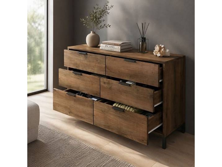 Commode - ZEVKOR - 120×40×76 cm - 6 tiroirs - Cadre métal noir - Effet chêne foncé