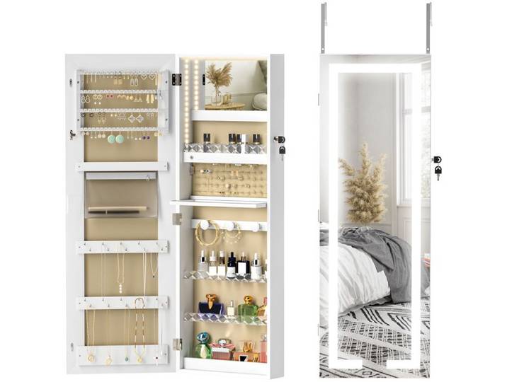 Armoire à bijoux - HOMCOM - mural/de porte - verrouillable - avec LED miroir divers compartiments - blanc