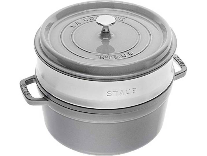 STAUB Cocotte, Gusseisen Bräter mit Dampfeinsatz aus Edelstahl, 26 cm, 5,25 L, Rund, Alle Herdarten inkl Induktion, Made in France, Graphit-Grau