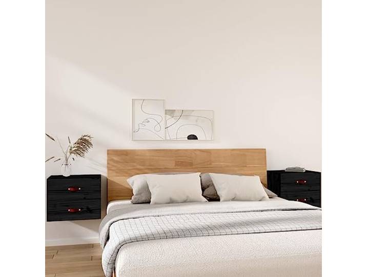 WXGTBKPR Wand-Nachttisch 2er Set Wandmontage Nachtkonsole aus massivem Kiefernholz Schwarz 50x36x40 cm