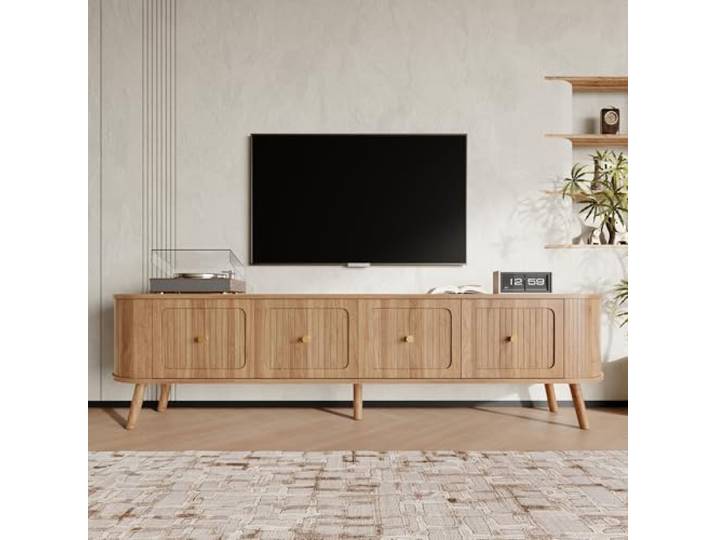 Ropilly TV-Schrank Eiche 180 cm Lowboard Retro Stil mit Klapptüren Vintage‑Eichenoptik Schrank, 180 cm breit, goldene Griffe, Klapptüren, abgerundet, 60 kg Tragkraft.