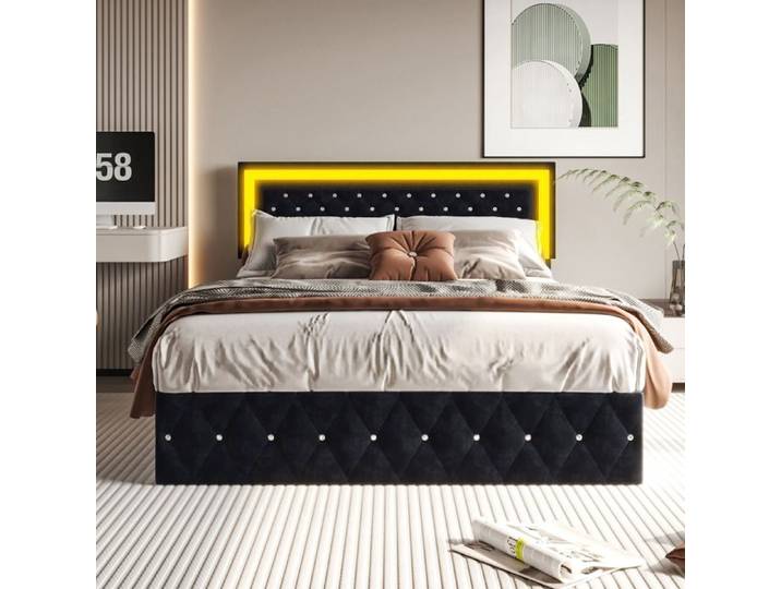 Lit rembourré - LUMINARIX - Luminarix - 160x200 cm - LED intégrée - Velours noir - Sommier à lattes