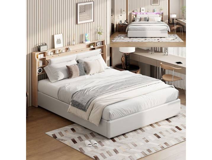 Lit 160x200 cm - LED - lit adulte 160x200 cm - tissu en PU - 160x200 cm - Blanc