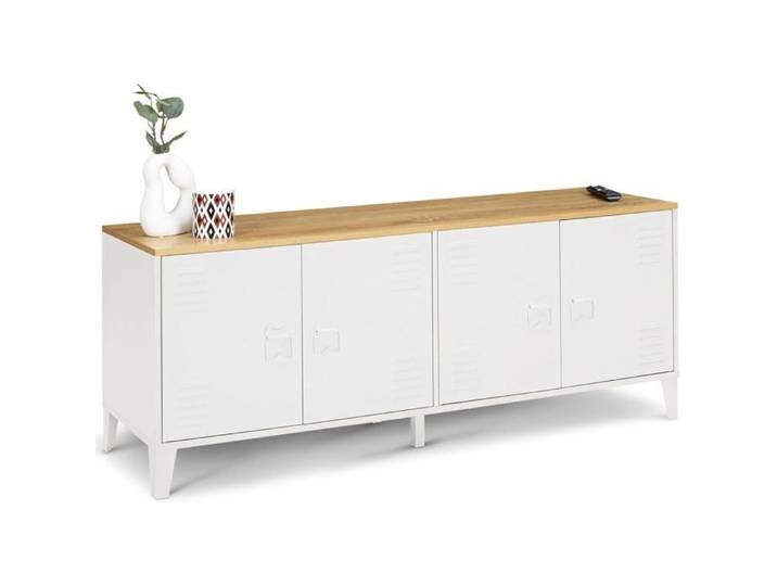 IDMarket Buffet Bas Ester 140 cm 4 Portes Blanc et Bois Style Industriel