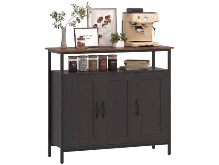 HOMCOM Küchen-Sideboard, Industrie-Look, offenes Fach, 2 Schränke, Schwarz Verstellbare Einlegeböden, Buffetschrank für Flur, Wohnzimmer und Esszimmer