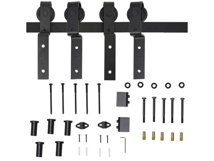 Kit de porte coulissante en bois - Rail de guidage 200 cm - 9 accessoires inclus - Acier au carbone - Noir