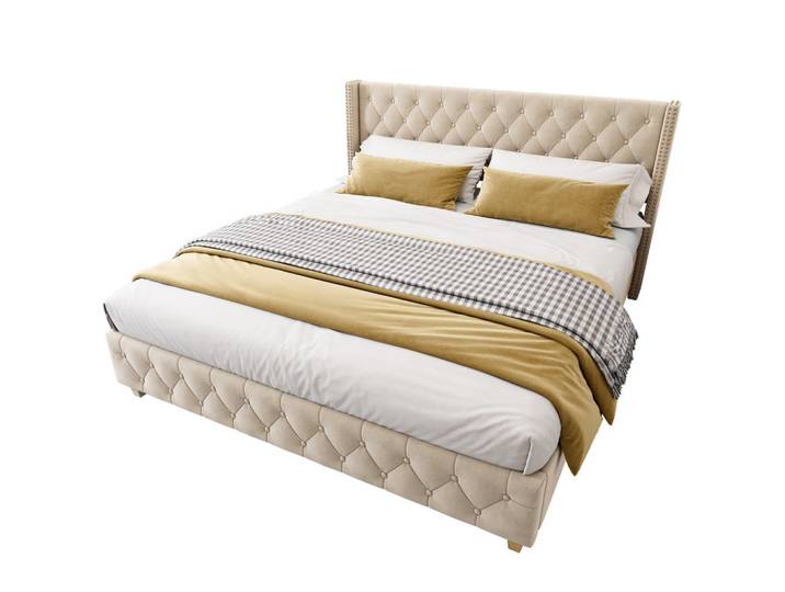 Stilvora Polsterbett 180/200 cm in Hellbeige Samt mit Lattenrost, Beige, 180x200 cm, Schlafzimmer, Betten, Polsterbetten