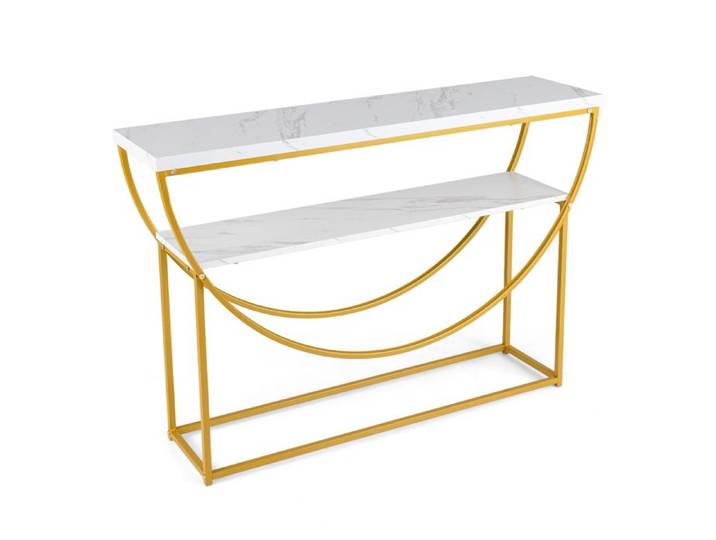 DREAMADE Table d'Entrée à 2 Niveaux de Rangement Table Console Étroite avec Plateau en Marbre Artificiel et Cadre en Métal