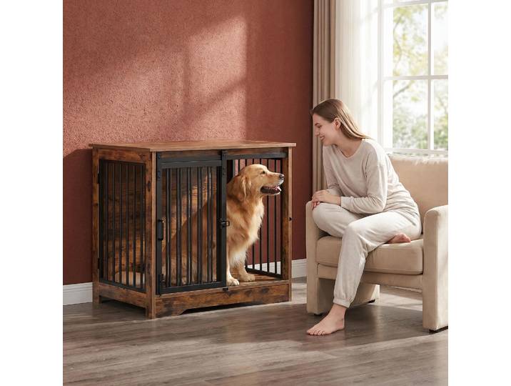 Cage pour chien d'intérieur, design à double porte coulissante de 69,5 cm, combine une table d'appoint et une cage pour chien, mobilier multifonctionnel pour chien d'intérieur