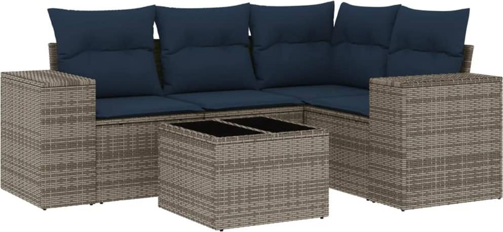 5-teiliges Gartensofa-Set mit Kissen, grau, Polyrattan