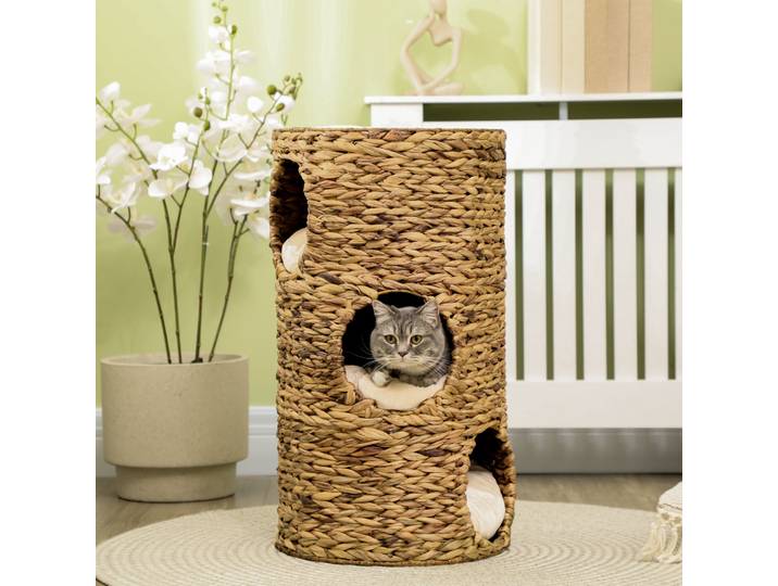 PawHut Tonneau à Gratter pour Chat 3 Niveaux, Coussins, Tressage en Jacinthe d'Eau, Cadre en Acier, Ø 40 x 73 cm, Marron Clair