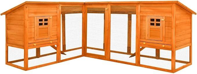Kaninchenstall mit Freilaufgehege XXL, Hasenstall aus Tanne Massivholz, Outdoor Hasenkäfig mit 2 Häusern und Rampen für Kleintiere, Braun, 250 x 192 x 105 cm