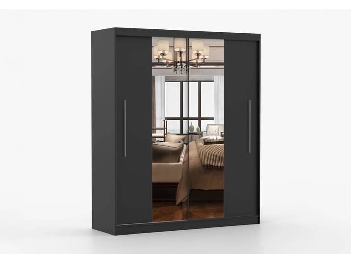 Schwebetürenschrank TORINO I 203 cm Schwarz Schwarz + Spiegel Ohne LED-Beleuchtung