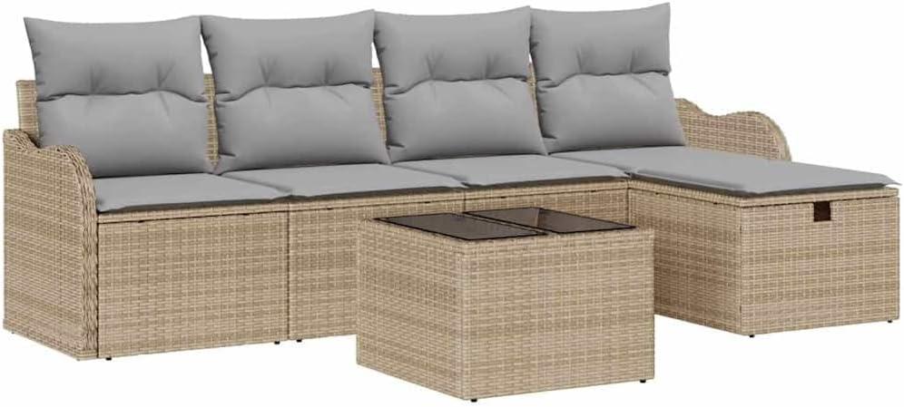 6-teiliges Gartensofa-Set aus beigem Poly-Rattan mit Kissen, modulares Gartenmöbel-Set mit Stauraum und verstellbaren Elementen für die Terrasse