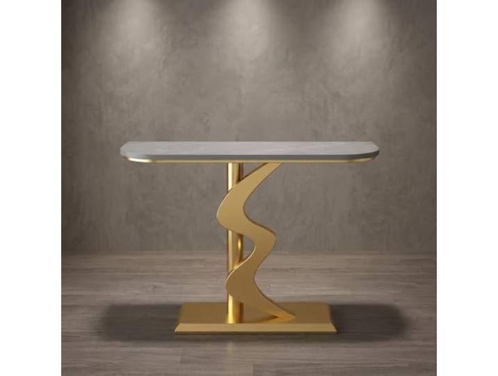 Moderner Konsolentisch Mit Sinterstein-Platte, Schmaler Flurtisch Metall Sinterstein-Oberfläche, Robuster Metallrahmen, Schmales Design, Platzsparend(GoldA,150cmW*30cmD*80cmH)