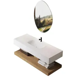 Wandhängendes Badezimmermöbel-Set mit Sinterstein-Waschbecken, Spiegel, Ablageplatte und Ablaufgarnitur 120×55 cm【R557-120】