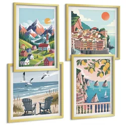 BILDER SET 4er Set - 50x50 cm & 40x60 cm Goldrahmen - Farbenfrohe Berge und Küstenstädte