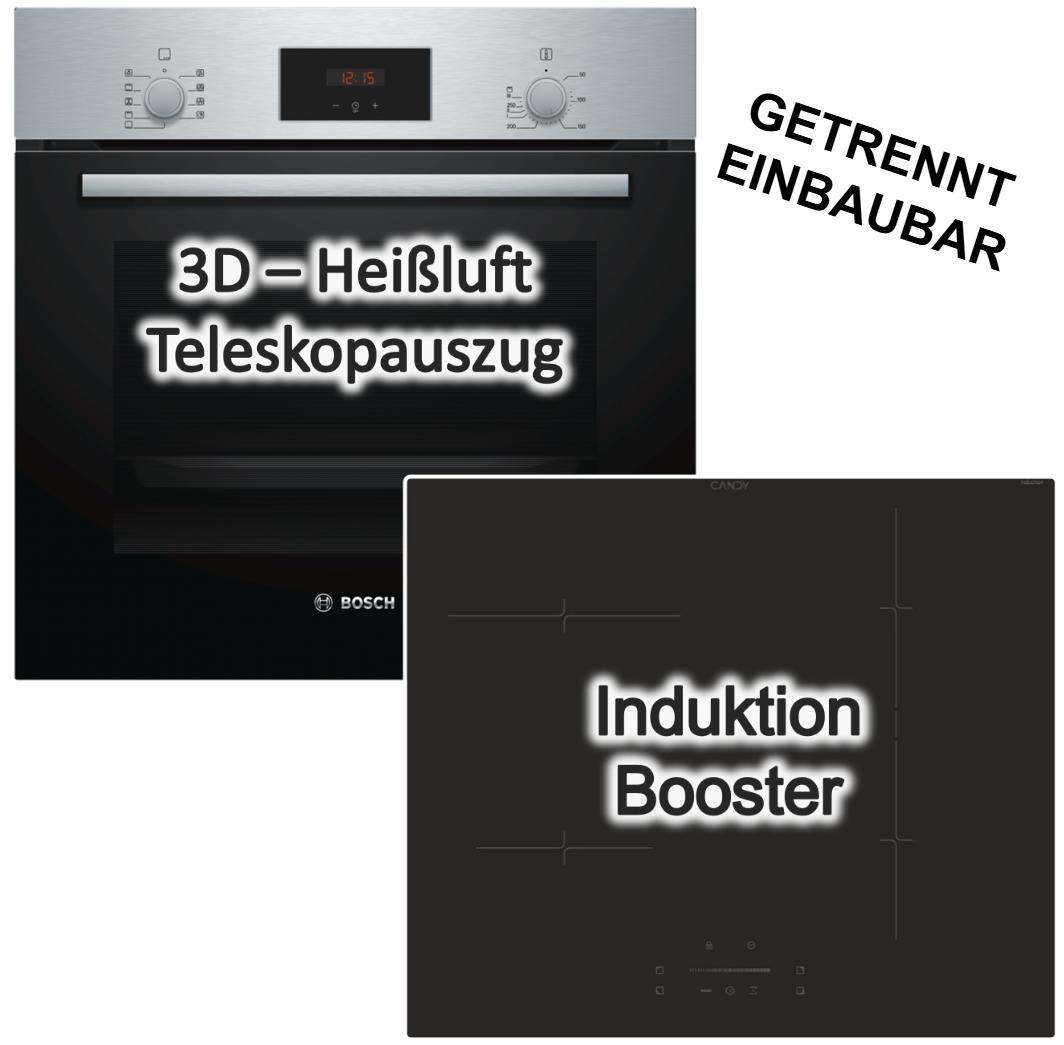 Herdset Backofen Bosch 3D-Heißluft Schnellaufheizung Teleskopauszug + Candy Induktionskochfeld Booster Slider