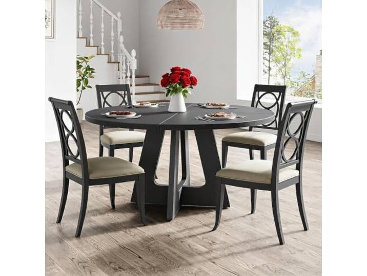 IDEALHOUSE Runder Esstisch Ø120cm Für 4‑6 Personen, Stabiler Säulenfuß MDF‑Tischplatte in Holzoptik im Farmhouse‑Stil, platzsparend, passend für Esszimmer und Wohnbereiche.
