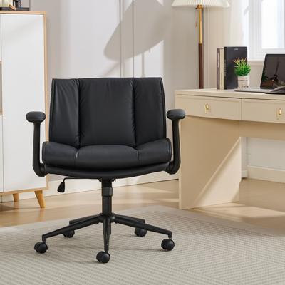 DEVERA Black Leather Office Chair with Crossed Legs & Flip-Up Armrests