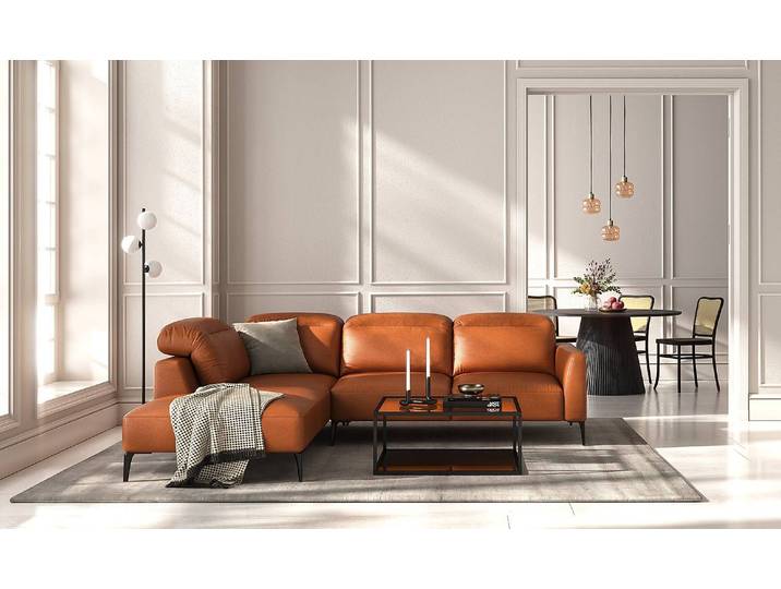 Ecksofa mit Ottomane Braun/Kastanienbraun Echtleder Danbi 263cm Ottomane davorstehend links Modern