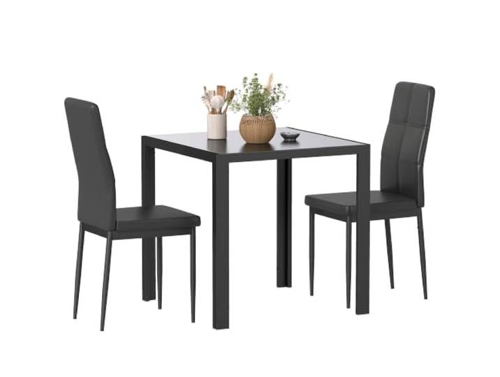 HOMCOM Essgruppe Esstisch mit 2 Stühlen Platzsparend Sitzgruppe Schwarz Esszimmergruppe, Tischplatte aus Sicherheitsglas, Kunstleder Küchentisch-Set, für Esszimmer, Küche, Kleiner Tisch