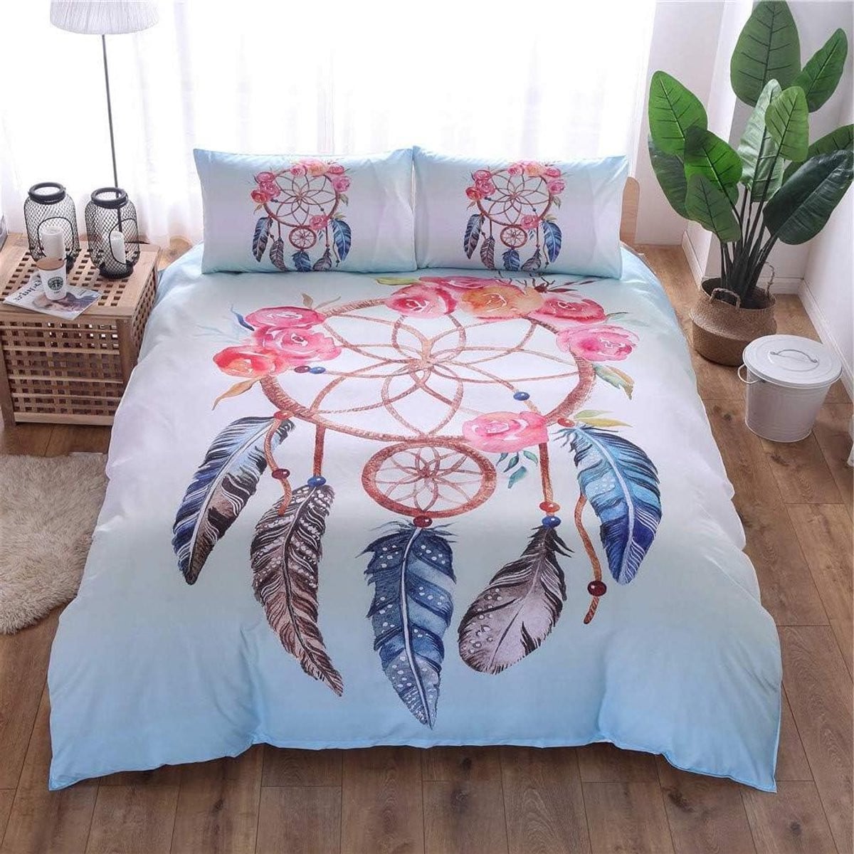 Dekbedovertrek Set Bohemian Dream Catcher met Bloemen - 3-delig Bedlinnen - Koningsmaat 220 x 240 cm