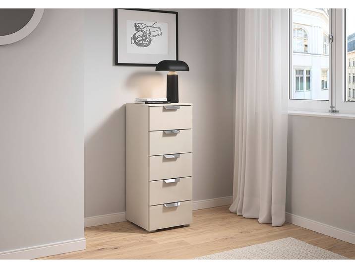 Commode Aditio avec 5 tiroirs 40cm Beige/Verre cachemire/Cachemire Argenté