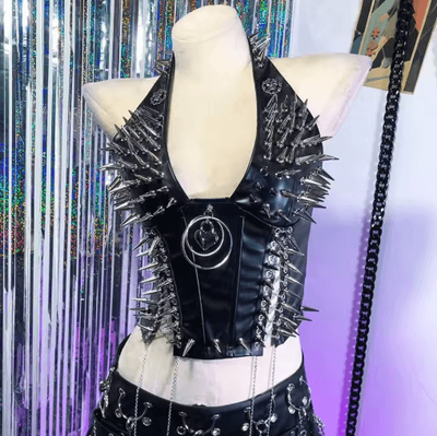 Inspire Picks Spiked Gothic Punk Tank Y2K Grunge PU Leather Alternative Top For Women sliver Rivets 5 xxxs