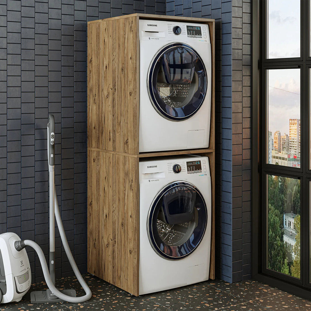 Roomart DUO Tall Washer Dryer Stacker Cabinet White Vertical Laundry Unit Space Saving Design, Oak 177cm H X 67cm W X 65cm D