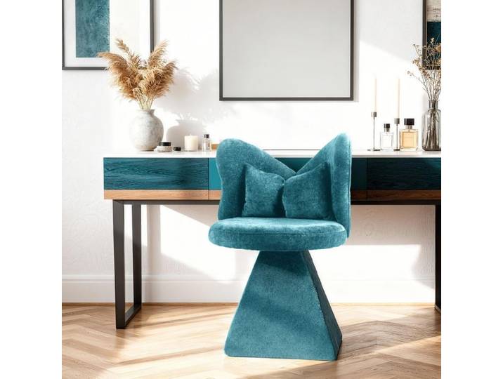 WOVREO chaise de coiffeuse pivotante 360° avec dossier papillon chenille velours bleu sans accoudoirs