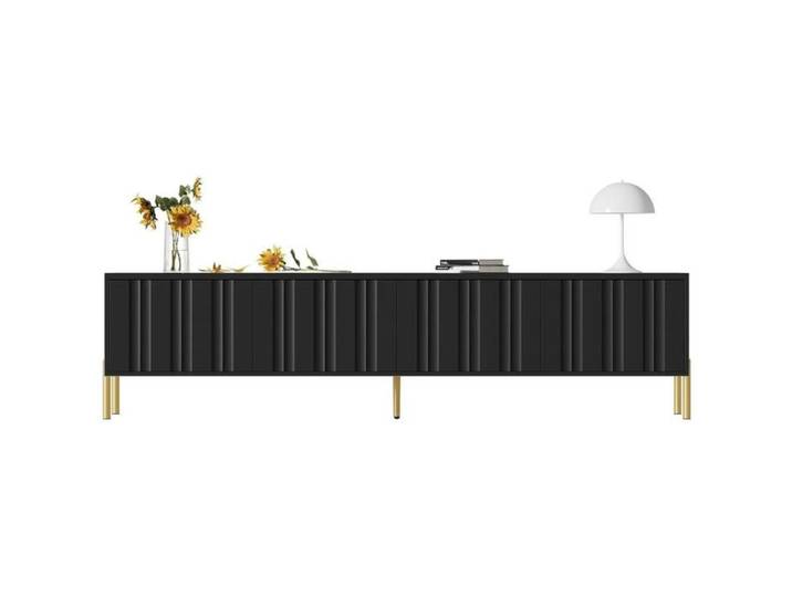 Meuble TV Noir Banc TV 190cm avec 4 Portes Meuble Télé Portes Rainurées pour Télivision jusqu'à 59 Pouces 198x38x48cm