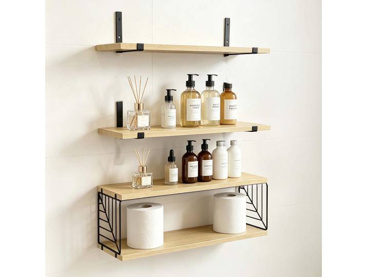 Relaxdays Wandregal Schwarz Holzoptik 3er-Set, Hellbraun, Holzwerkstoff, Metall, 40x15x15 cm, Wohnzimmer, Regal, Wandregal
