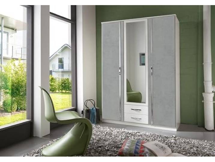 möbelando Drehtürenschrank >Duo< in Weiss + Beton-NB LICHTGRAU - 135x199x58cm (BxHxT)