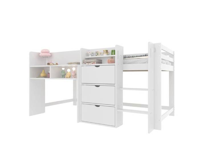 Lit mi-hauteur Logidon 90x200 cm blanc espace rangement divertissement