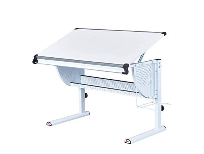 Inter Link - Bureau réglable en hauteur - Bureau enfant - Bureau élève - Plan de travail inclinable - Rangement pour cartables - En métal blanc - Applications vert\, rose et blanc - Matts 3in1